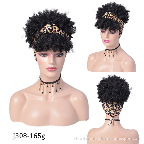 Best Selling Blonde Black Short Fluffy Kinky Curly Turban Wig With Bangs Afro Headband Wigs Synthetic Hair Wigs For Black Women